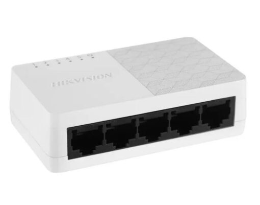 Switch de sobremesa Hikvision ( NO POE )

    Para interconexión de equipos IP a la red

    5 puertos de red RJ45

    Velocidad 10 / 100 / 1000 Mbps

    Plug and Play y bajo consumo

    Medidas: 92 x 65.8 x 22.8