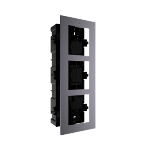Panel frontal y caja de registro encastrado para tres módulos Hikvision

Material de construcción en aluminio y plástico

Dimensiones del panel  337x 124 x 4 mm

Dimensiones de la caja  337 x 134 x 56 mm

Máximo tres modulos 

Su montaje es empotrado